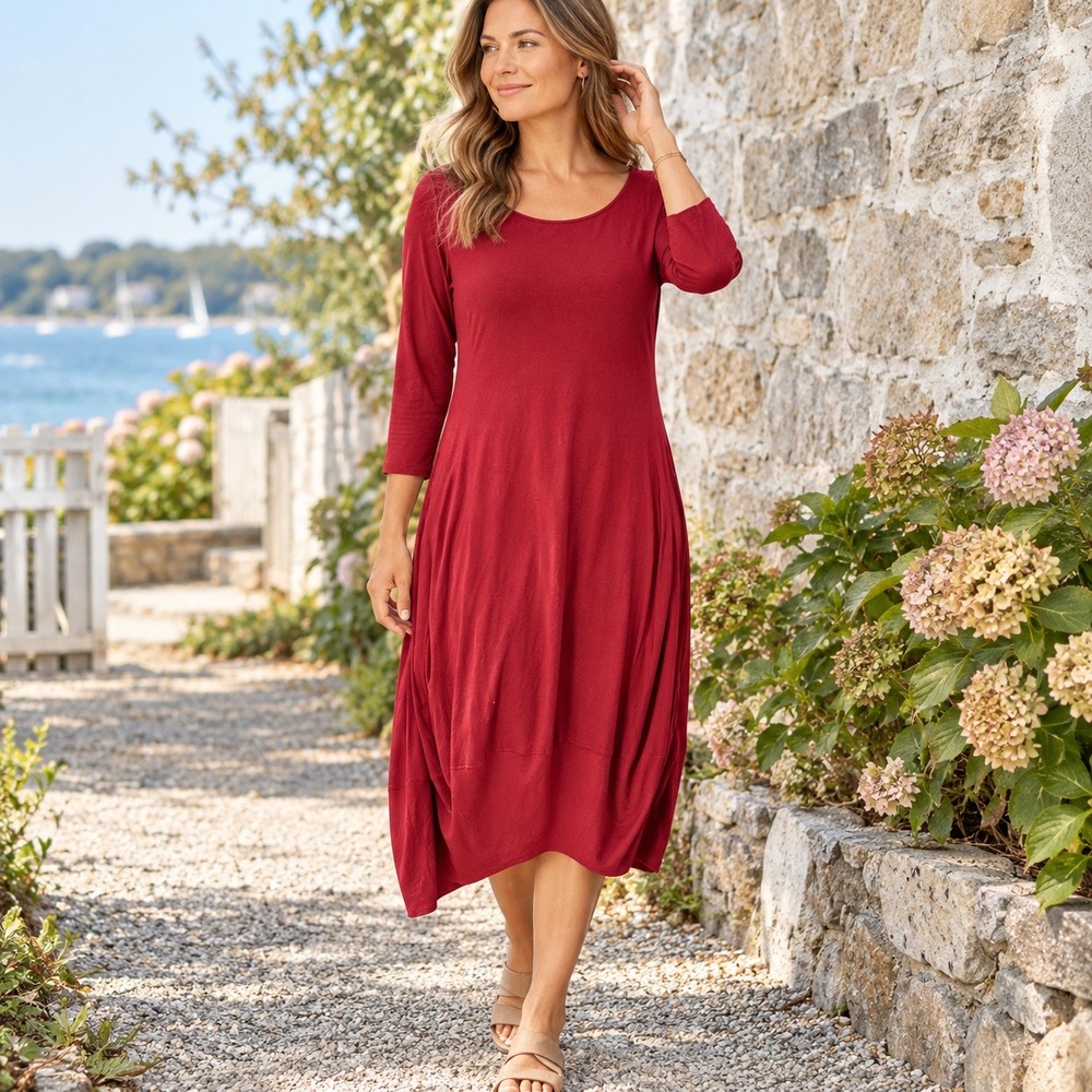 Eileen Fisher Red Rayon Lycra Knit 3/4 Sleeve Tulip Hem Bubble Dress L Lagenlook